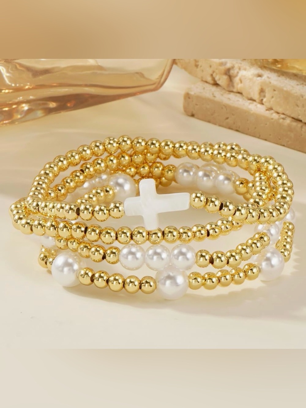 Gold Beaded Cross Bracelet Stack | Faux Pearl Stretch Bracelets
